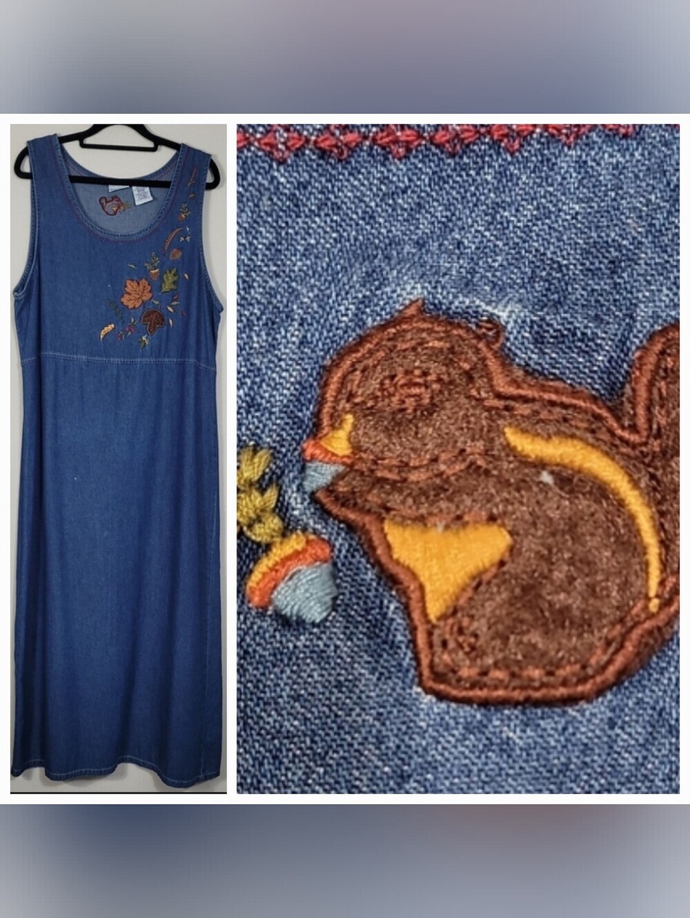 Vintage Bobbie Brooks Denim Maxi Dress Size Large Embroidered Squirrel Fall